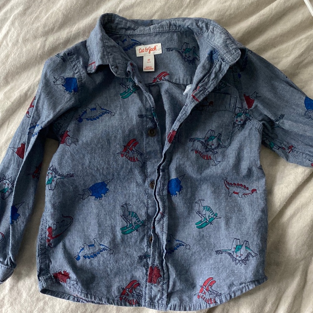 Cat & Jack Holiday Dino Button Down 3T, EUC